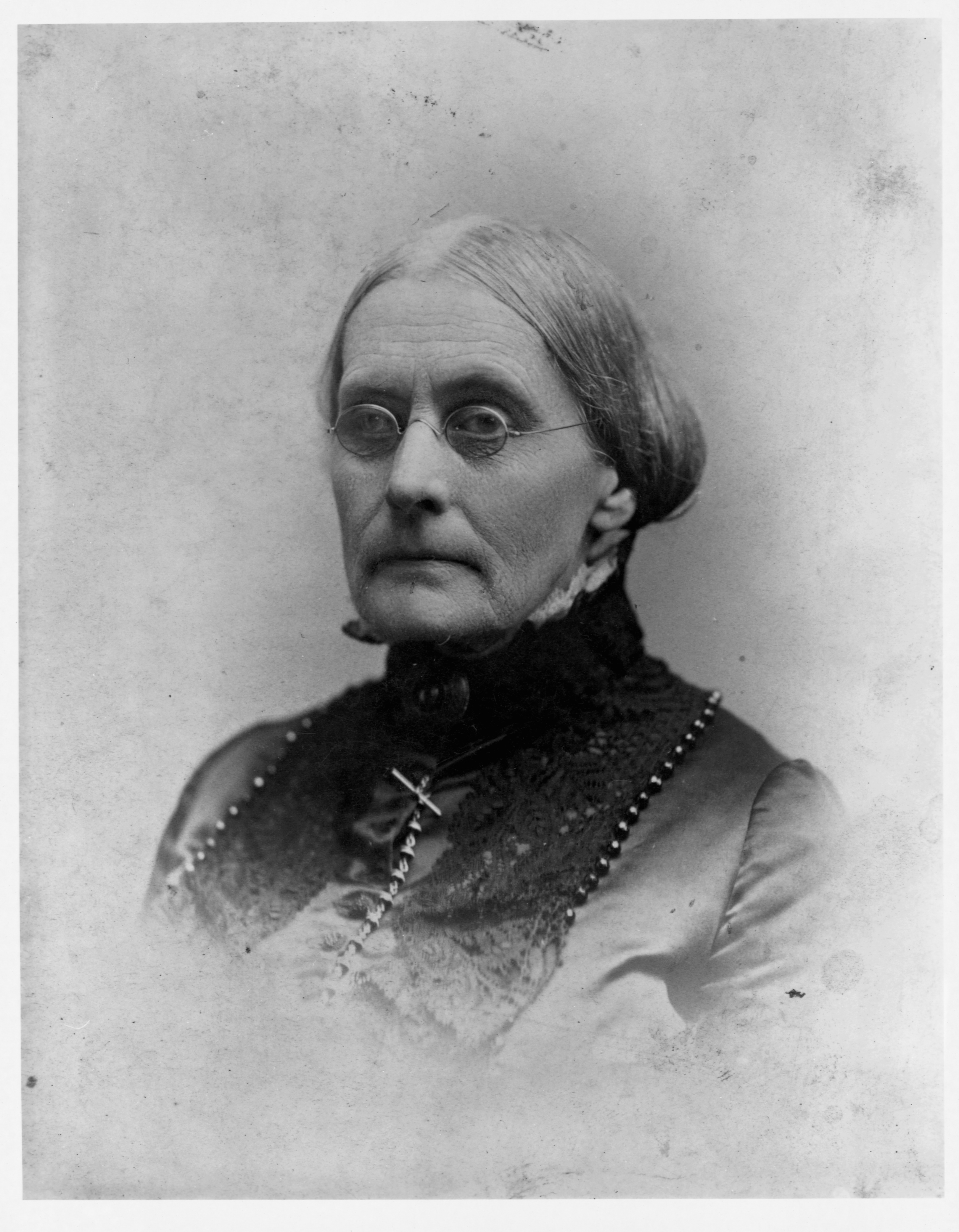 Close-up, black-and-white photograph of Susan B. Anthony