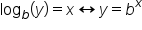 log subscript b open parentheses y close parentheses equals x left right arrow y equals b to the power of x