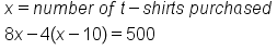 table attributes columnalign left end attributes row cell x equals n u m b e r space o f space t minus s h i r t s space p u r c h a s e d end cell row cell 8 x minus 4 left parenthesis x minus 10 right parenthesis equals 500 end cell end table