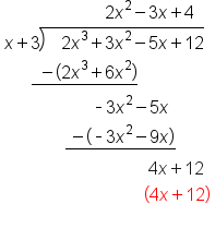 table attributes columnalign left end attributes row cell space space space space space space space space space space space space space space space space space space space space space space space 2 x squared minus 3 x plus 4 end cell row cell x plus 3 long division enclose space space space 2 x cubed plus 3 x squared minus 5 x plus 12 end enclose end cell row cell space space space space space space stack space space minus open parentheses 2 x cubed plus 6 x squared close parentheses with bar below end cell row cell space space space space space space space space space space space space space space space space space space space space short dash 3 x squared minus 5 x end cell row cell space space space space space space space space space space space space space space stack space minus open parentheses short dash 3 x squared minus 9 x close parentheses with bar below end cell row cell space space space space space space space space space space space space space space space space space space space space space space space space space space space space space space space space space 4 x plus 12 end cell row cell space space space space space space space space space space space space space space space space space space space space space space space space space space space space space space space space open parentheses 4 x plus 12 close parentheses end cell row blank end table