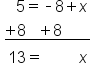 table attributes columnalign left end attributes row cell space space space 5 equals short dash 8 plus x end cell row cell stack plus 8 space space space plus 8 space space space space space space space with bar below end cell row cell space 13 equals space space space space space space space space space x end cell end table