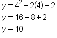 table attributes columnalign left end attributes row cell y equals 4 squared minus 2 open parentheses 4 close parentheses plus 2 end cell row cell y equals 16 minus 8 plus 2 end cell row cell y equals 10 end cell end table