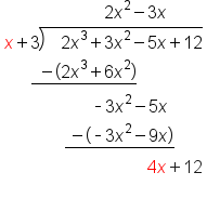 table attributes columnalign left end attributes row cell space space space space space space space space space space space space space space space space space space space space space space space 2 x squared minus 3 x end cell row cell x plus 3 long division enclose space space space 2 x cubed plus 3 x squared minus 5 x plus 12 end enclose end cell row cell space space space space space space stack space space minus open parentheses 2 x cubed plus 6 x squared close parentheses with bar below end cell row cell space space space space space space space space space space space space space space space space space space space space short dash 3 x squared minus 5 x end cell row cell space space space space space space space space space space space space space space stack space minus open parentheses short dash 3 x squared minus 9 x close parentheses with bar below end cell row cell space space space space space space space space space space space space space space space space space space space space space space space space space space space space space space space space space 4 x plus 12 end cell row blank end table