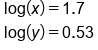 table attributes columnalign left end attributes row cell log open parentheses x close parentheses equals 1.7 end cell row cell log open parentheses y close parentheses equals 0.53 end cell end table