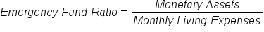 E m e r g e n c y space F u n d space R a t i o equals fraction numerator M o n e t a r y space A s s e t s over denominator M o n t h l y space L i v i n g space E x p e n s e s end fraction