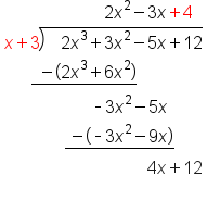table attributes columnalign left end attributes row cell space space space space space space space space space space space space space space space space space space space space space space space 2 x squared minus 3 x plus 4 end cell row cell x plus 3 long division enclose space space space 2 x cubed plus 3 x squared minus 5 x plus 12 end enclose end cell row cell space space space space space space stack space space minus open parentheses 2 x cubed plus 6 x squared close parentheses with bar below end cell row cell space space space space space space space space space space space space space space space space space space space space short dash 3 x squared minus 5 x end cell row cell space space space space space space space space space space space space space space stack space minus open parentheses short dash 3 x squared minus 9 x close parentheses with bar below end cell row cell space space space space space space space space space space space space space space space space space space space space space space space space space space space space space space space space space 4 x plus 12 end cell row blank end table