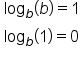table attributes columnalign left end attributes row cell log subscript b open parentheses b close parentheses equals 1 end cell row cell log subscript b open parentheses 1 close parentheses equals 0 end cell end table