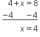 table attributes columnalign left end attributes row cell space space space 4 plus x equals 8 end cell row cell stack negative 4 space space space space space space minus 4 with bar below end cell row cell space space space space space space space space space x equals 4 end cell end table